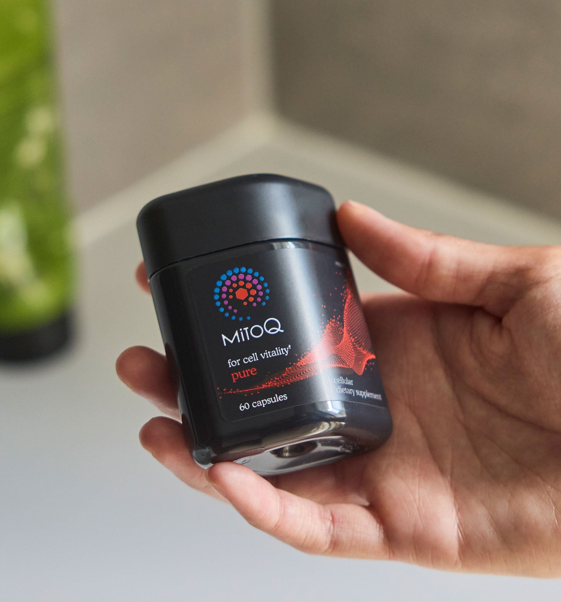 Hand holding a MitoQ Pure supplement container with a neutral background